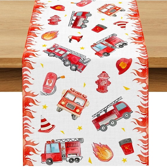 Firetruck Table Runner Fire Truck Themed Birthday Party Decoration Firefighter Baby Shower Dining Room Home Kitchen Island Decor