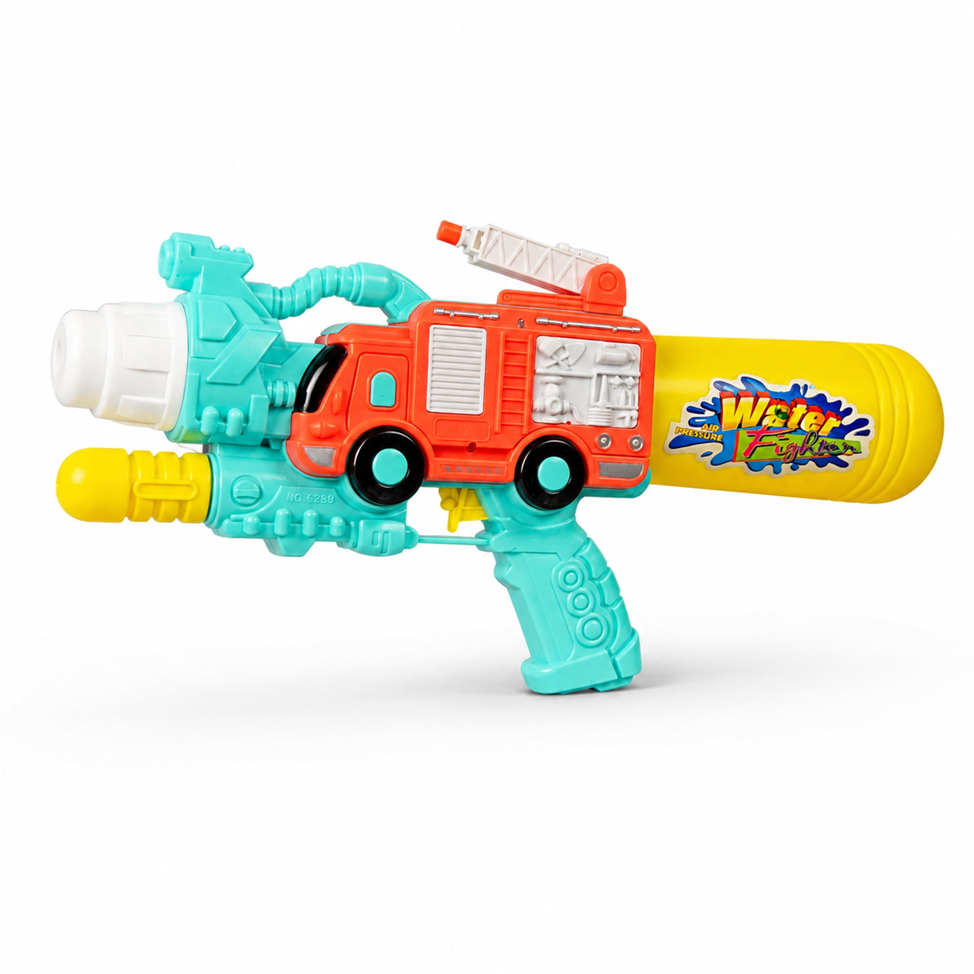 Firetruck Water Blaster Outdoor Toy, 15 Inch Water Shooter with Refillable Bottle, Tube Connection, Movable Top Ladder, Pump Action Water Spray Toy for Kids Summer Play