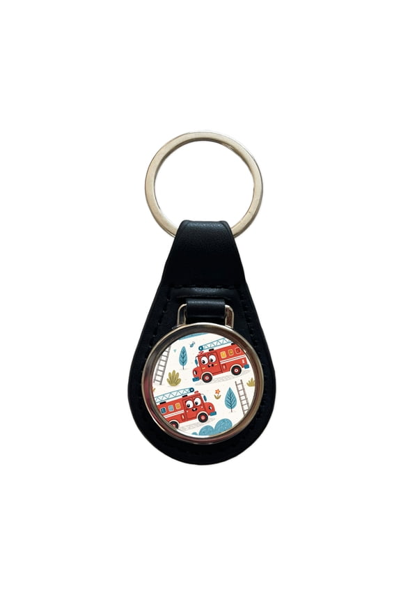 Firetrucks Cartoon Style Metal Black Leather Keychain