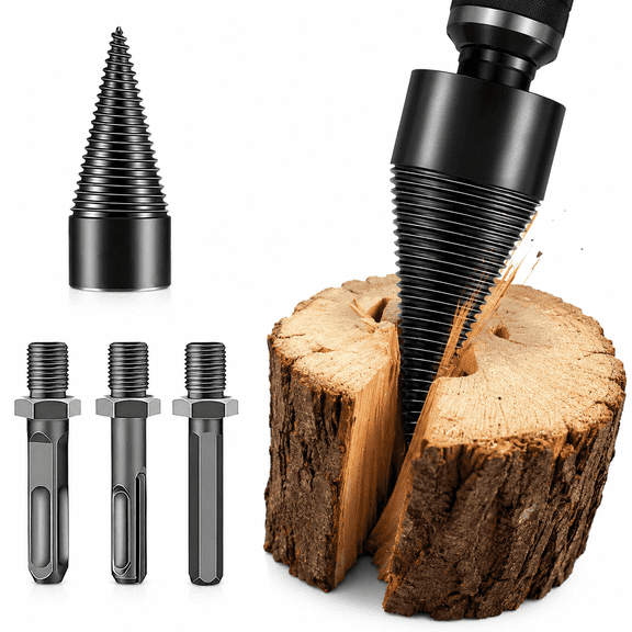 Firewood Auger Wood Splitter Drill Bit Heavy Duty Screw Cone Log Splitter Interchangeable Shanks for Camping Farm Home (32mm, 3 Shanks)