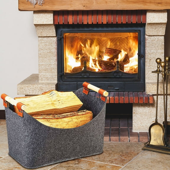 Firewood Basket - Extra Thick Large Firewood Bag, Fireplace Log Holder with Wooden Handles, Heavy-Duty Wood Storage Basket & Firewood Carrier for Indoor/Outdoor (17.7x12.6x15.7in)