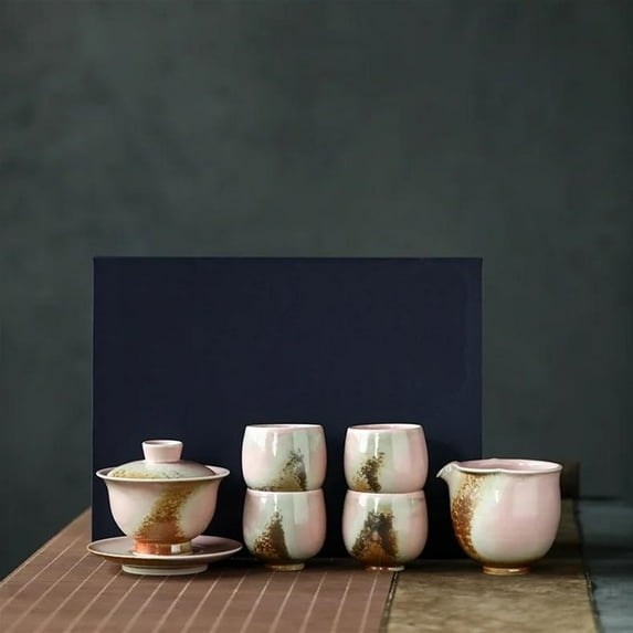 Firewood Burning Pink Gracked Glaze Supportable Gaiwan Set Jingdezhen Kiln Baked Crackle Glaze Tea Set Handmade Master Cup