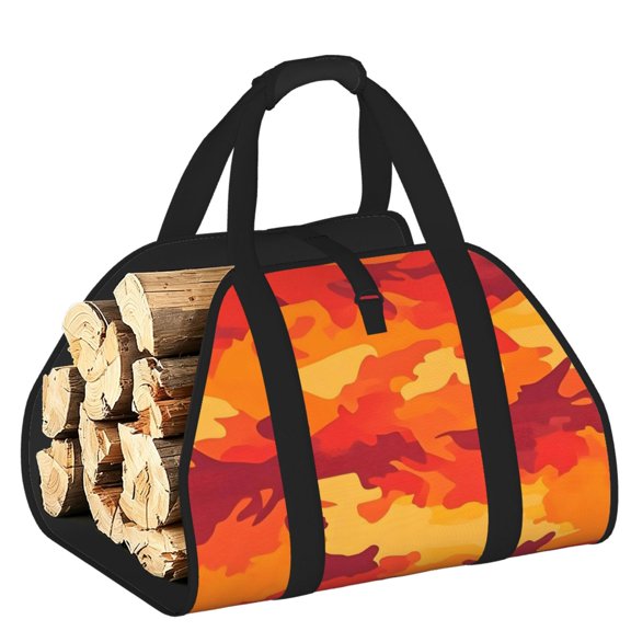 Firewood Carrier Bag Wear Resistant Large Capacity Padded Handles Open Ends For Firewood Tools Toys Picnic 39.8x19in Vector Camouflage Pattern Orange Red_4