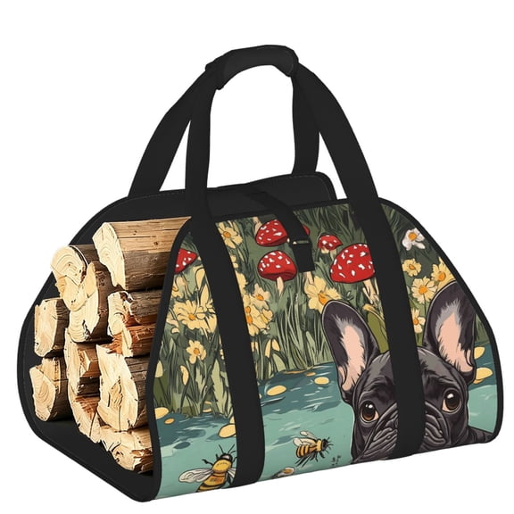 Firewood Carrier Bag Wear Resistant Large Capacity Padded Handles Open Ends For Firewood Tools Toys Picnic 39.8x19in Dog Mushroom Flower Bee