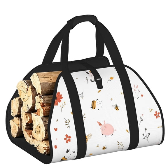 Firewood Carrier Bag Wear Resistant Large Capacity Padded Handles Open Ends For Firewood Tools Toys Picnic 39.8x19in Flower Bee