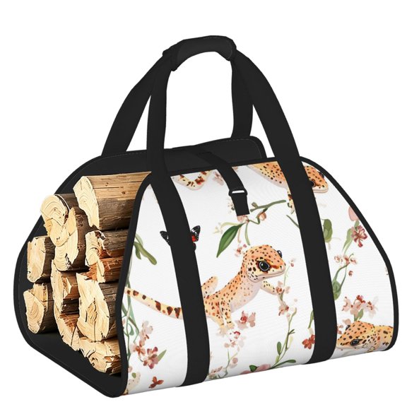 Firewood Carrier Bag Wear Resistant Large Capacity Padded Handles Open Ends For Firewood Tools Toys Picnic 39.8x19in Gecko Flower Butterfly