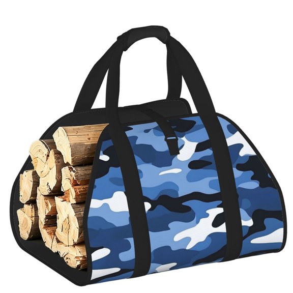 Firewood Carrier Bag Wear Resistant Large Capacity Padded Handles Open Ends For Firewood Tools Toys Picnic 39.8x19in Vector Camouflage Pattern Blue_2