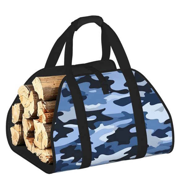Firewood Carrier Bag Wear Resistant Large Capacity Padded Handles Open Ends For Firewood Tools Toys Picnic 39.8x19in Vector Camouflage Pattern Blue_4