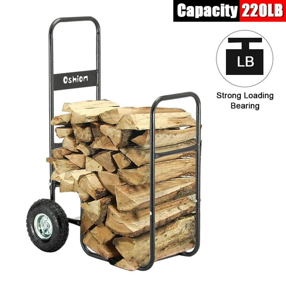 Firewood Cart 220LBS with Large Wheels, Fireplace Log Rolling Caddy Hauler, Wood Mover Outdoor Indoor Storage Holder Rack, Heavy Duty, Black