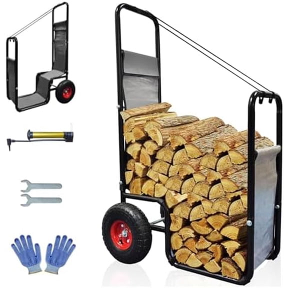 Firewood Cart with Wheels: 260 lbs Capacity Log Dolly Carrier with Pneumatic Wheels & Fabric Liner - Easy Roll Wood Mover for Farm, Indoor & Outdoor Use - Heavy Duty Steel Construction