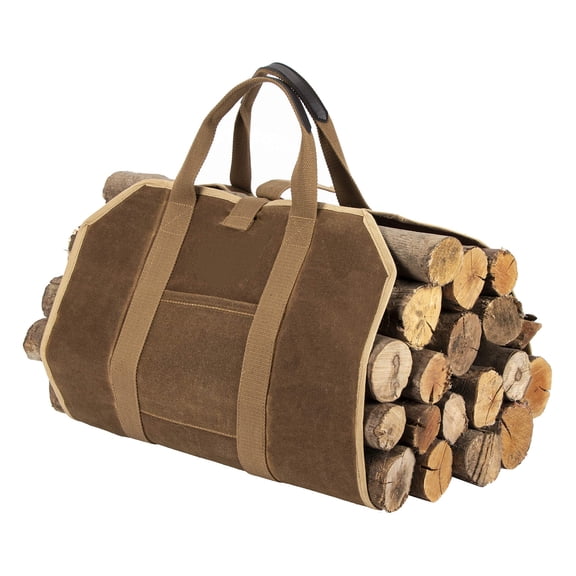 Firewood Fireplace Carrier Logs Tote Holder 20 oz Waxed Canvas Sturdy Bag with Handles for Camping Indoor Outdoor Brown