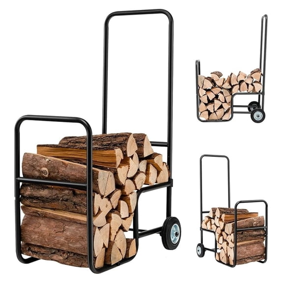 Firewood Log Cart , 35 Height Wood Rack Storage Mover w/2 Rubber Wheels & Ergonomic Handle, Heavy-Duty Steel Fireplace Log Mover, Rolling Firewood Cart for Indoor Outdoor