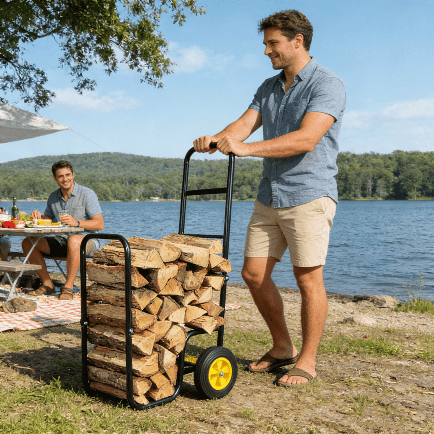 Firewood Log Cart Carrier, Black Steel Rolling Wheeled Firewood Dolly Hauler, Heavy‑Duty Indoor & Outdoor Wood Storage Mover for Yard Camping Gardening Tools