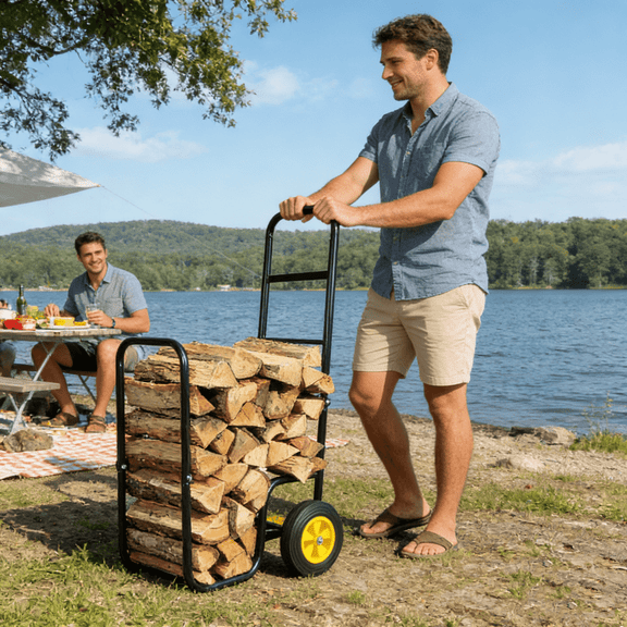 Firewood Log Cart Carrier, Black Steel Rolling Wheeled Firewood Dolly Hauler, HeavyDuty Indoor & Outdoor Wood Storage Mover for Yard Camping Gardening Tools