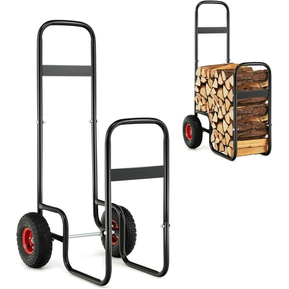 Firewood Log Cart, Heavy Duty Wood Carrier w/ 10.5 Large All-terrain Wheels, Outdoor/Indoor Fire Wood Rack Storage Mover Rolling Dolly Hauler for Fire Pit Patio Garden