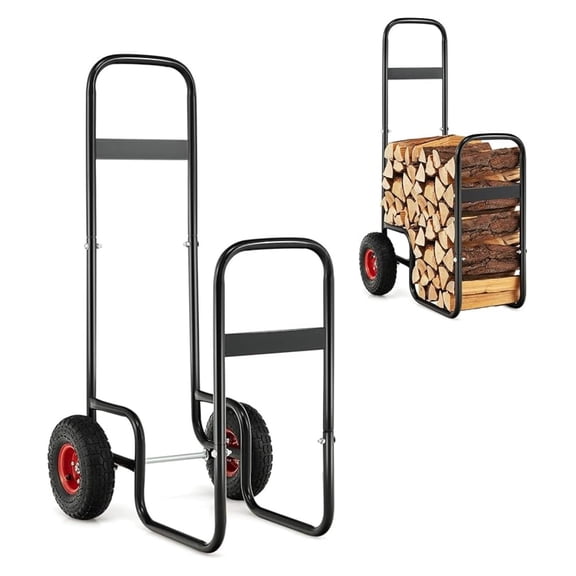 Firewood Log Cart, Heavy Duty Wood w/ 10.5 Large All- Wheels, Outdoor/Indoor Fire Wood Rack Storage Mover Rolling Dolly Hauler for Patio Garden