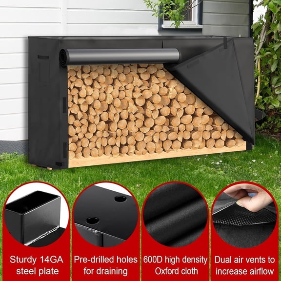 Firewood Log Rack and 8ft Cover Combo, Wood Racks Holder for Wood Storage Outdoor, Powder-coated Finish for Weather Resistant