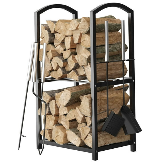 Firewood Rack - 2-Tier Outdoor Firewood Holder - 4 Hanging Hooks For Fireplace Tools Set, Poker, Tongs - Waterproof, Rust-Proof Steel Pipe Log Holder with Black Powder Coat Finish - 17x12x29"