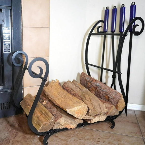 Firewood Rack with 28in Fireplace Tools Set, Rack Log Holder with Stand and Fire Poker Fire Tongs Ash Shovel, Firewood Storage for Campfire Backyard Bonfire