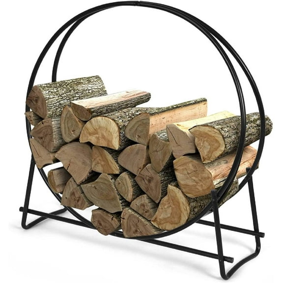 Firewood Rack, 30 Inch Heavy Duty Tubular Steel Round Log Hoop for Indoor and Outdoor, Black Wood Storage Holder for Fireplace, Fire Pit, Patio, Deck, Porch, (HY-OP70547)
