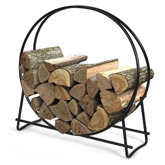 Firewood Rack, 30 Inch Heavy Duty Tubular Steel Round Log Hoop for Indoor and Outdoor, Black Wood Storage Holder for Fireplace, , Patio, Deck, Porch, (HY-OP70547)