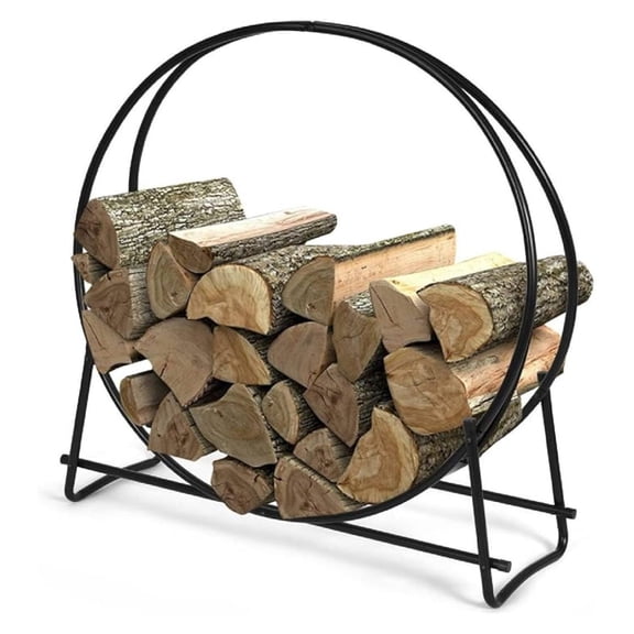 Firewood Rack, 30 Inch Heavy Duty Tubular Steel Round Log Hoop for Indoor and Outdoor, Black Wood Storage Holder for Fireplace, , Patio, Deck, Porch, (HY-OP70547)