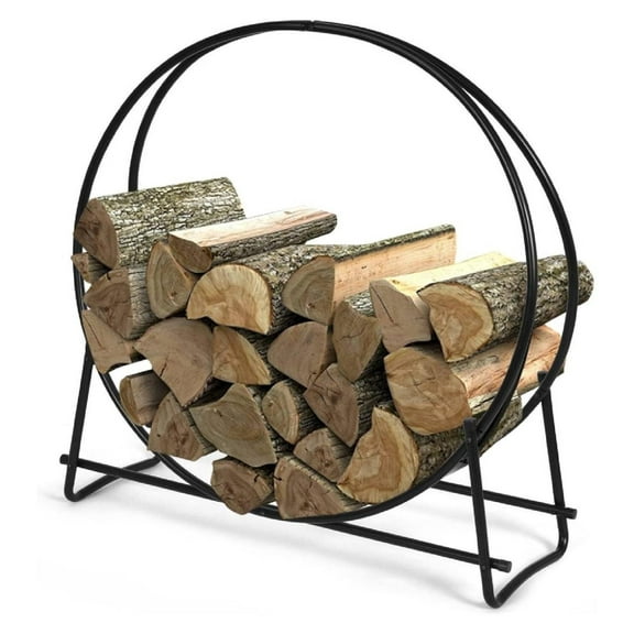 Firewood Rack, 30 Inch Heavy Duty Tubular Steel Round Log Hoop for Indoor and Outdoor, Black Wood Storage Holder for Fireplace, , Patio, Deck, Porch, (HY-OP70547)