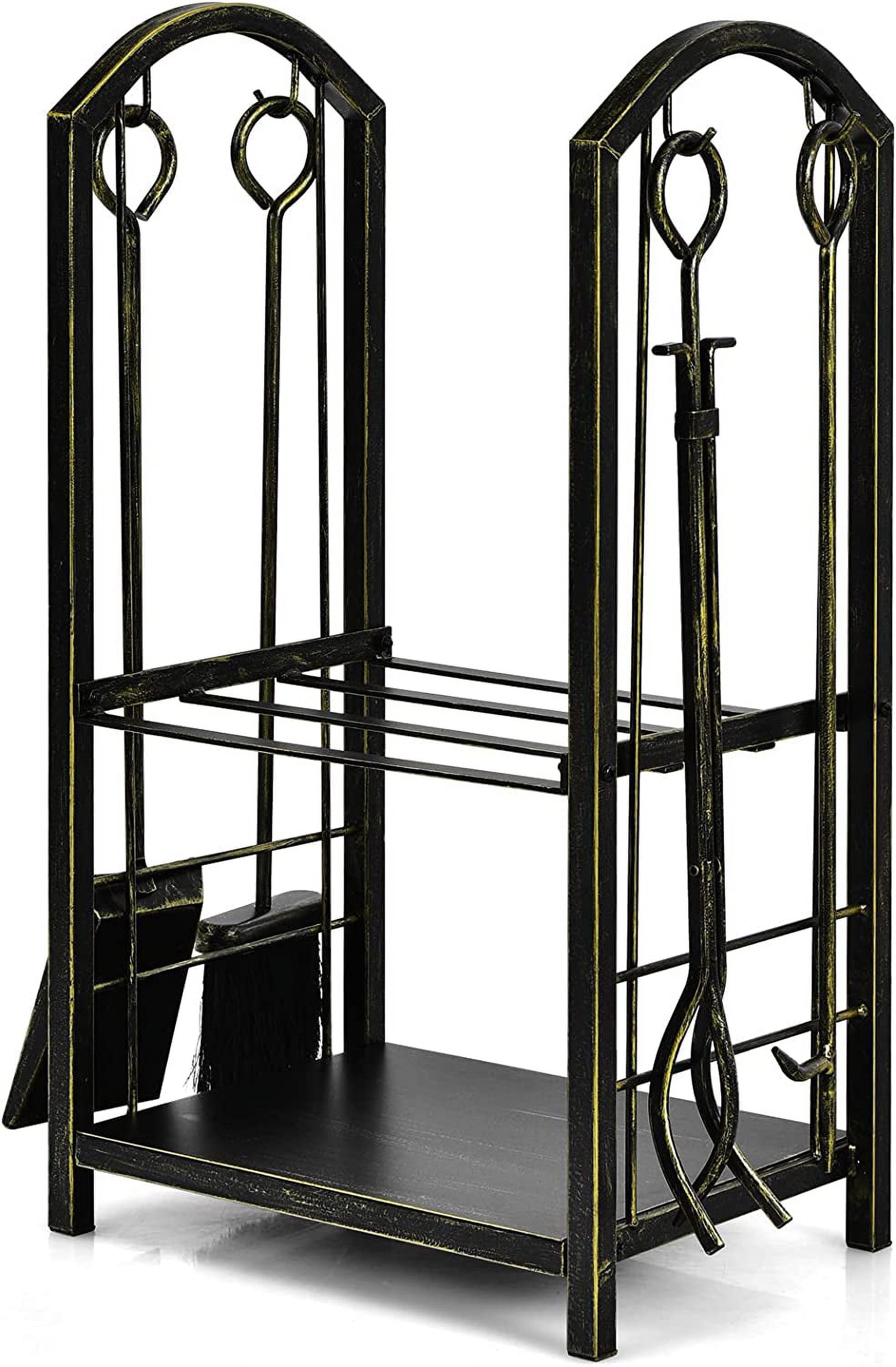 Firewood Rack with 4 Fireplace Tools, Wrought Iron Log Holders with