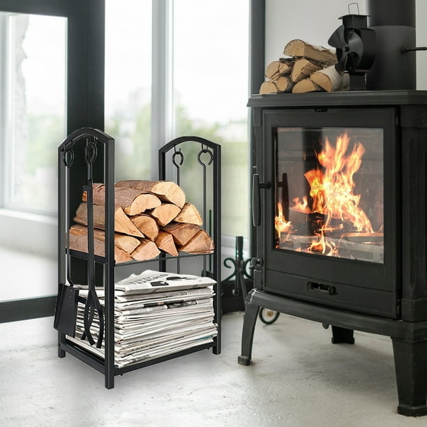 Indoor Firewood Rack with 4 Tools - Iron Fireplace Log Holder Storage Set Indoor Firewood Rack with 4 Tools - Iron Fireplace Log Holder Storage Set