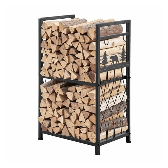 Firewood Rack Indoor - 1.3ft 2-Tier Log Holder with Tools - Heavy Duty Steel Fireplace Wood Stacker - 400lbs Capacity - Fire Pit Wood Storage for Home