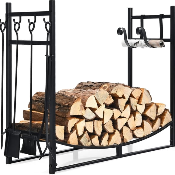 Firewood Rack Indoor, 36 Firewood Holder with 4- Piece Fireplace Tools-Shovel, Poker, Tongs, Brush, Kindling Holders, Heavy Duty Indoor Log Storage Rack, Outdoor Wood Rack for Fire Pit, Stove