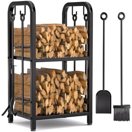 Firewood Rack Indoor with 4 Pieces Long&Detachable Fireplace Tools, Heavy Duty Steel 2-Tier Firewood Holder Storage, Log Rack for for Fireplace, Fire Pit, Wood Stove Black$$Garden & Patio