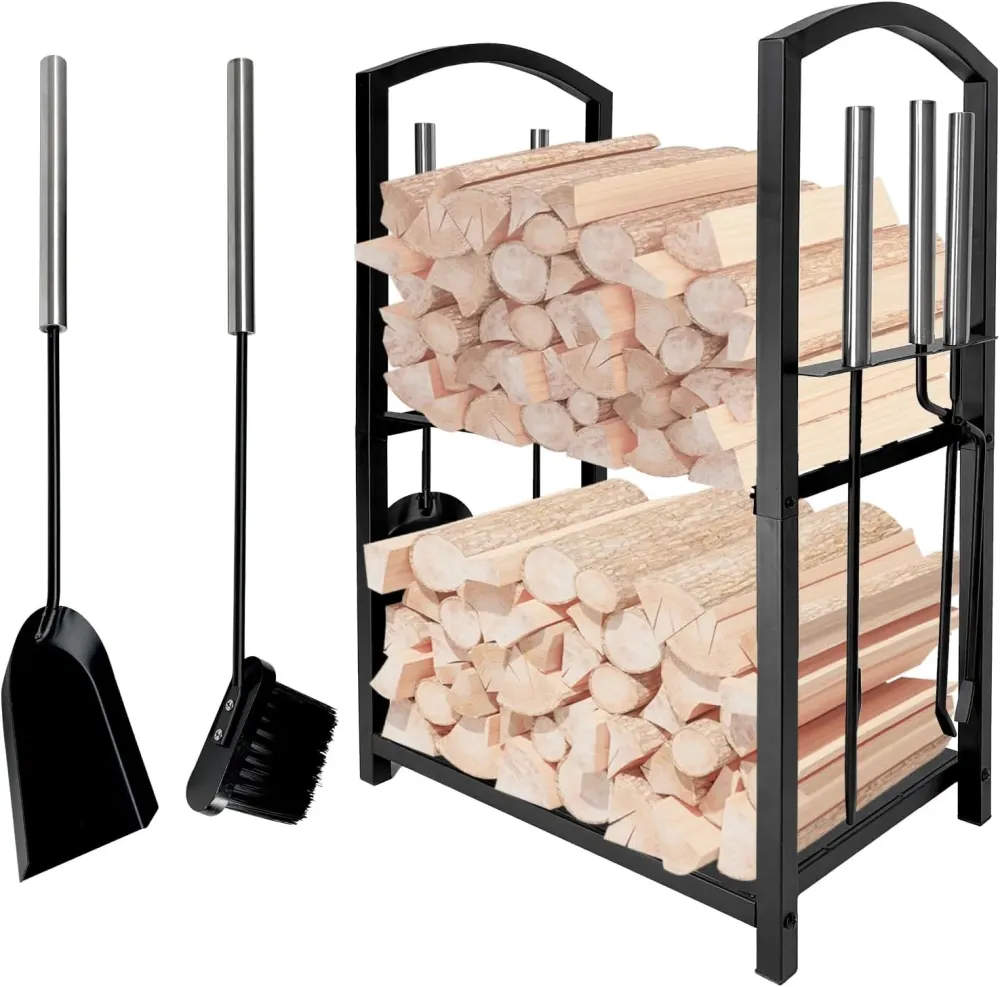 Black Wrought Iron Firewood Log Rack with Tools Set