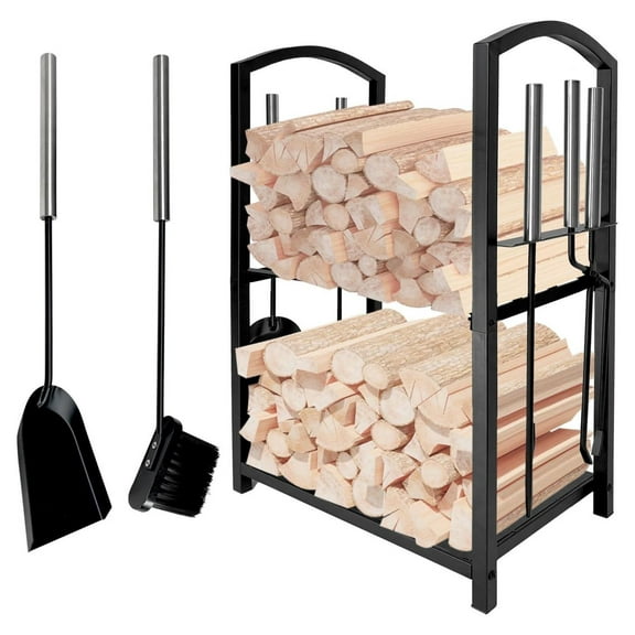 Firewood Rack Indoor with Tools, Iron Log Holder for Fireplace, Wood Stove & Fire Pit, 2 Tier Firewood Storage, 4 Piece Tool Set (Poker, Brush, Shovel, Tongs), Black, 45x30x74.5cm