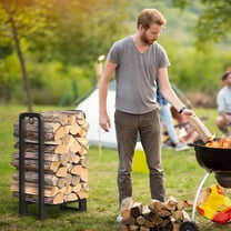 Firewood Rack Outdoor 4ft with Waterproof Cover - Heavy Duty Log Racks for Fireplace, Black