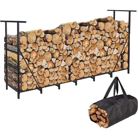 Firewood Rack Outdoor 8FT with Waterproof Firewood Carrier Bag, Adjustable Heavy Duty Steel Firewood Holder Storage, Log Rack for Fireplace, Fire Pit, Backyard, Camping