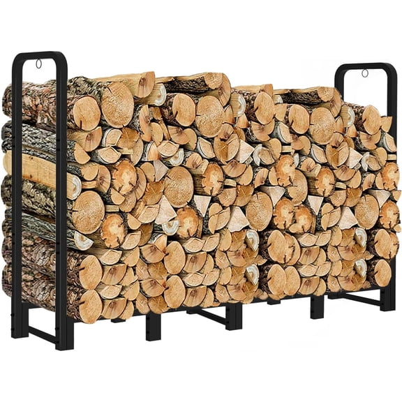 Firewood Rack Outdoor 8ft Heavy Duty Logs Holder for Indoor Fireplace Metal Wood Pile Storage Stacker Organizer, Matte Black