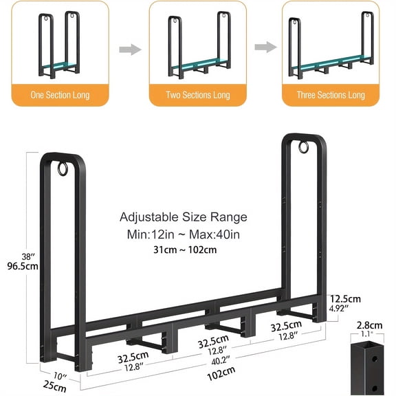 Firewood Rack Stand 40in Heavy Duty Logs Carrier Holder for Outdoor Indoor Fireplace, with Waterproof Cover, Thanksgiving Gifts, Halloween Gifts