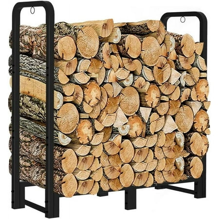 Firewood Rack Stand 4ft Heavy Duty Logs Holder for Outdoor Indoor Fireplace Metal Wood Pile Storage Stacker Organizer, Matte Black