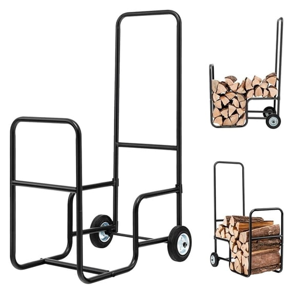 Firewood Rack with Wheels, Wood Fireplace Wood Holder with Pneumatic Rubber Tiers, Heavy Duty Steel Dolly Hauler, Outdoor & Indoor Firewood for Fireplace, , Black