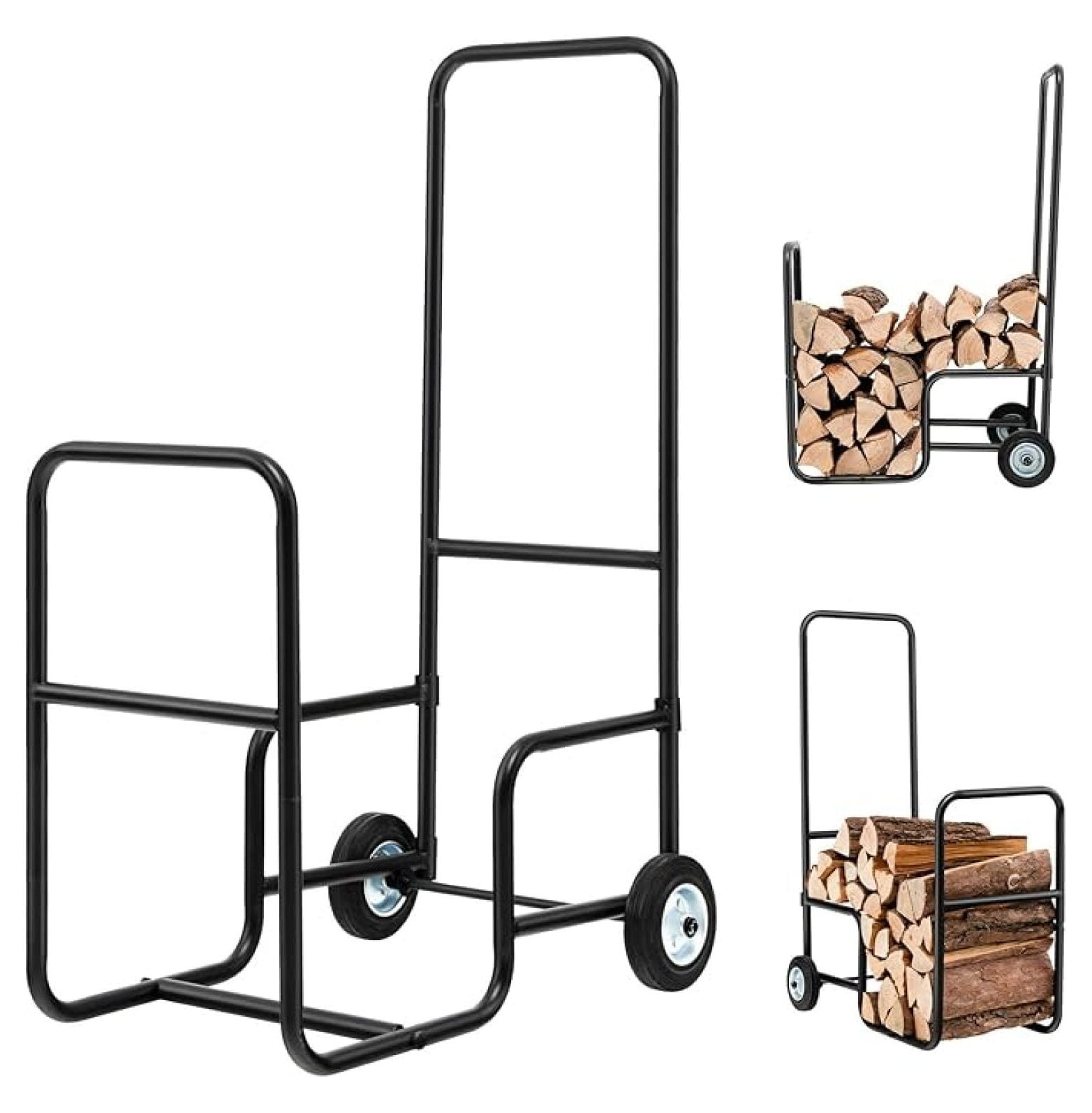 Firewood Rack with Wheels, Wood Fireplace Wood Holder with Pneumatic ...