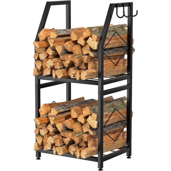 Firewood Rack for Indoor, 2-Tier Firewood Holder with 3 Hanging Hooks, Heavy Duty Wood Rack for Outdoor Patio, Black