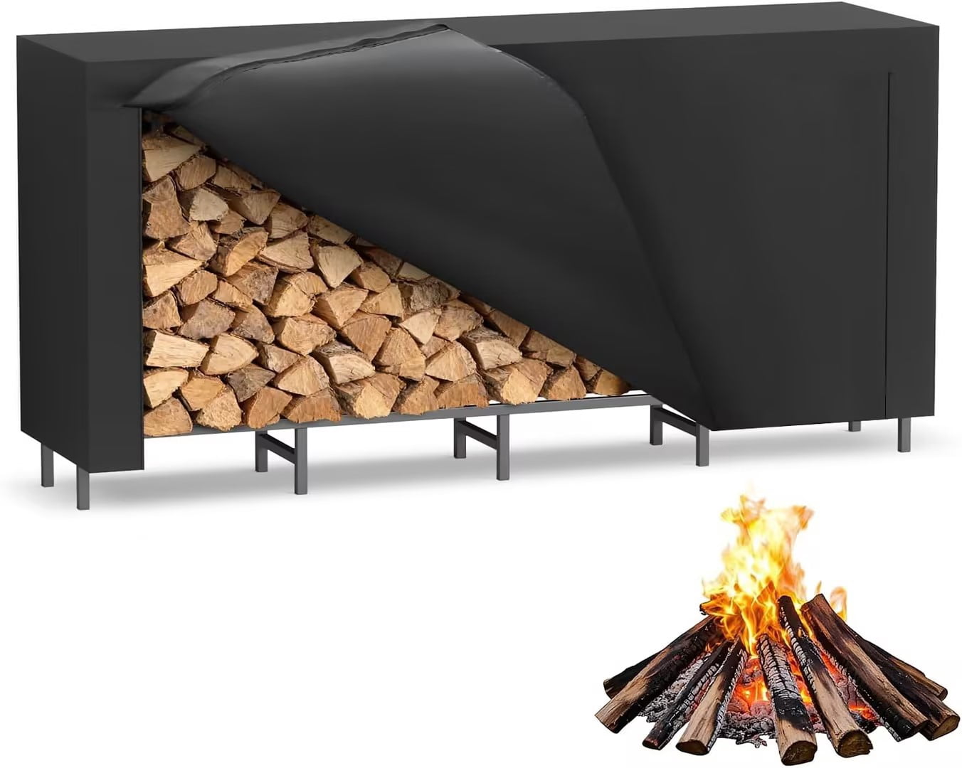 Firewood Storage Rack, 12.7 FT Heavy Duty Log Holder with Waterproof Cover for Garden Patio Backyard Lawn Firewood Organizer, Black