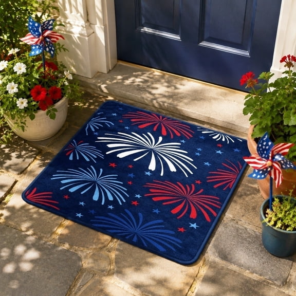 Firework 4th of July Door Mat, Waterproof PVC Entryway Rug, Red White Blue 4th of July Independence Day Decor, Non-slip Outdoor Indoor Welcome Door Mats for Home Bathroom Kitchen Bedroom,A