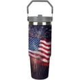 thumbnail image 1 of Firework American Flag 4Th of July 30 Oz Tumbler with Handle And Flip Straw, Stainless Steel Vacuum Insulated Travel Mug, Thermal Cup for Coffee, Water, Iced Drinks, Fits Car Cup Holders (Home, Sports, 1 of 6