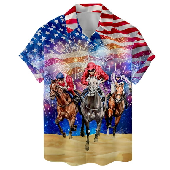 Firework American Kentucky Derby Hawaiian Shirt For Men American Flag Mens Hawaiian Shirts Short Sleeve Button Down Shirt Men