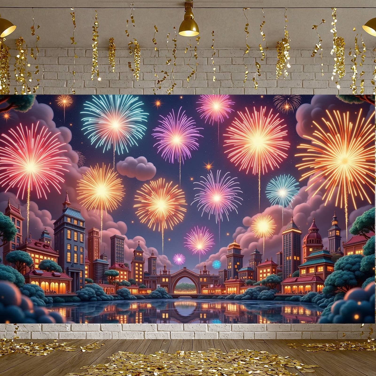 Firework Design Fireworks Display Cityscape Theme Celebration Backdrop ...