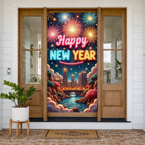 Firework Design Happy New Year Banner Neon Light Festive Backdrop Cityscape Print Star Pattern Holiday Display for New Year Party Night Event Photo Shoot