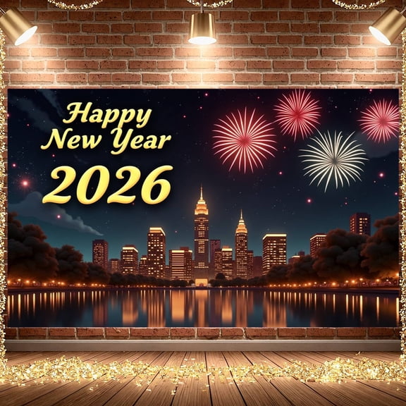 Firework Design New Year Banner City Night View 2026 Banner Golden Lettering Starry Sky Background Happy New Year Banner for New Year Party 2026 Celebration New Year Eve Event