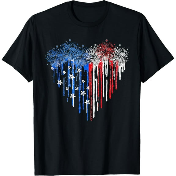 Firework Dripping Heart American Flag 4th Of July Patriotic T-ShirtMen and women, Black T-shirt, size: Extra large